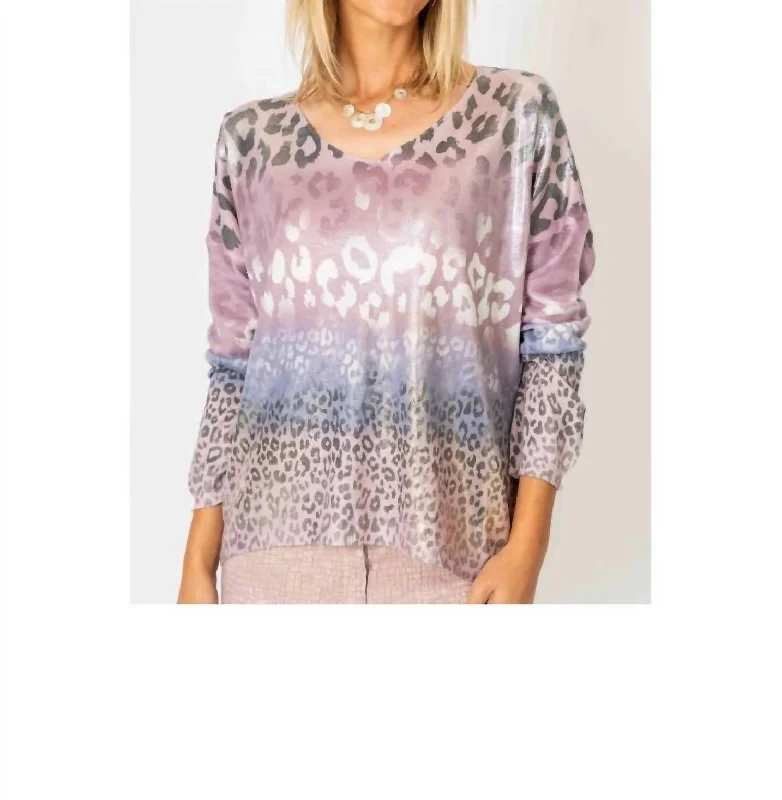 Shimmer V Neck Cheetah Print Sweater In Old Pink